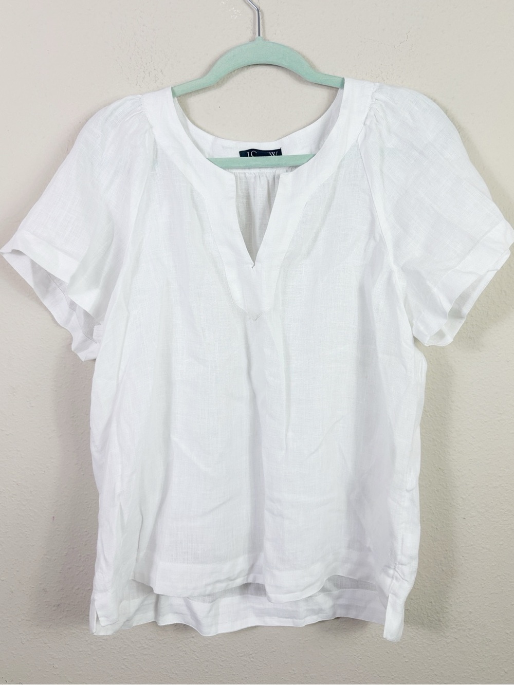 J. Crew 100% linen short flutter sleeve notched v-neck shirt white size small